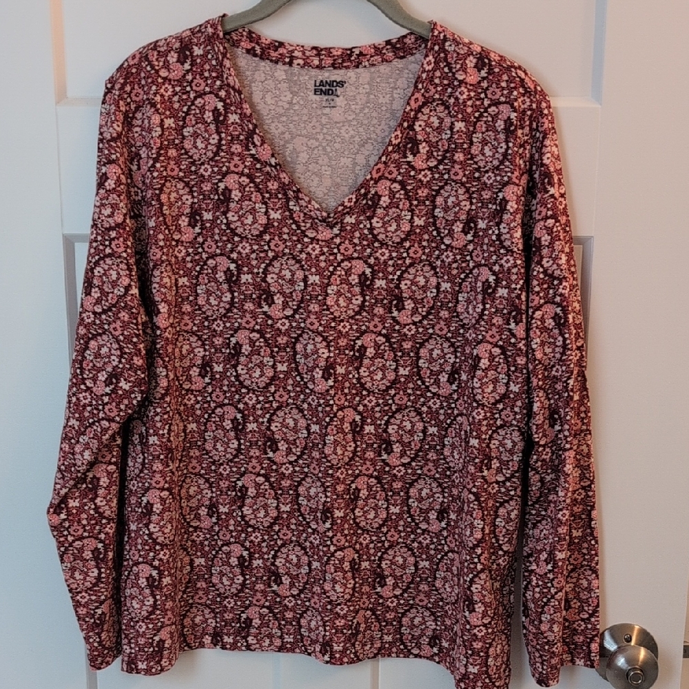 Lands' End Ladies Red and Black Floral Blouse